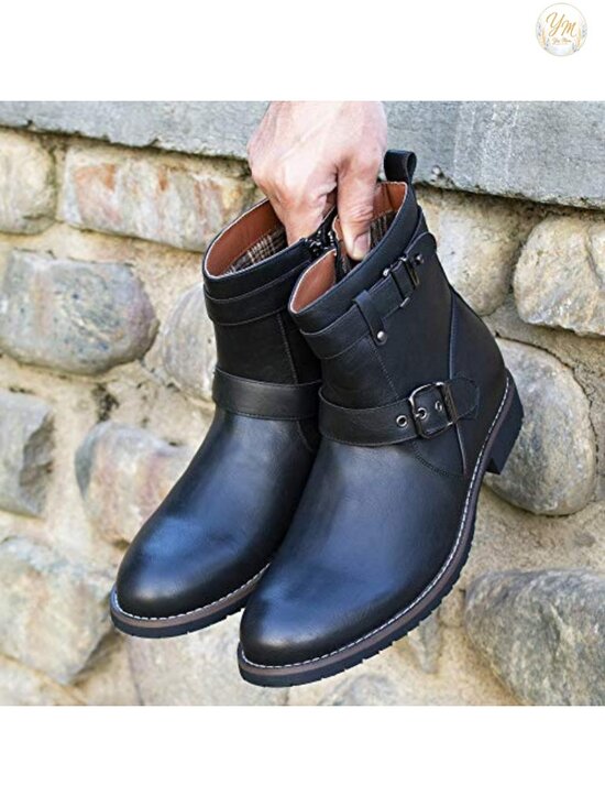 Engineer Boot with Buckle Straps & Side Zipper - Faux Leather main image 6